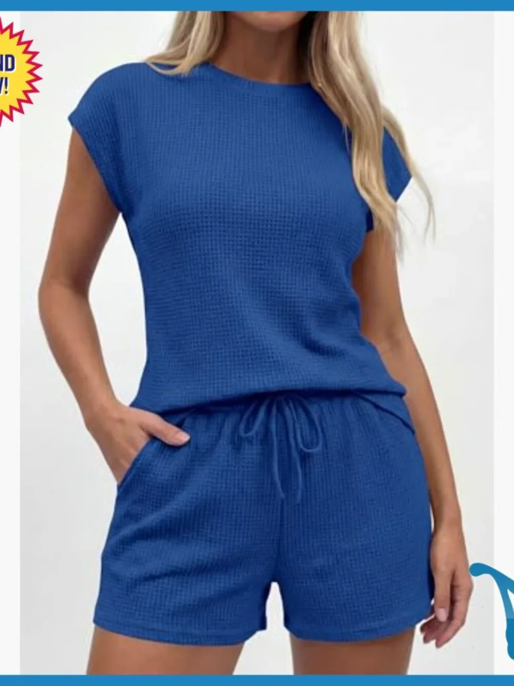 Waffle Knit Lounge Short Set Cap Sleeve Drawstring Pockets Medium